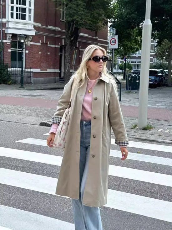 Vintage Trench Coat Single Breasted Plaid Chic Outerwears Turn Down Collar Fashion Long Windbreaker Women&