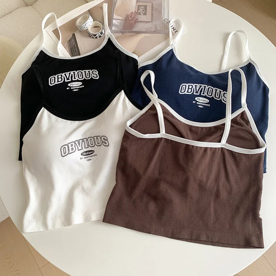 ITOOLIN Women Crop Tops With Padded Bra O-neck Letter Printing Solid Crop Tops Summer Tops Spaghetti Camisole 2023