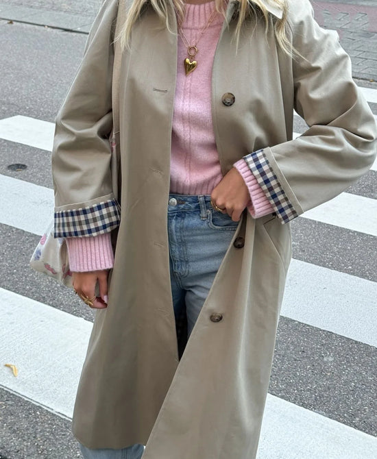 Vintage Trench Coat Single Breasted Plaid Chic Outerwears Turn Down Collar Fashion Long Windbreaker Women&