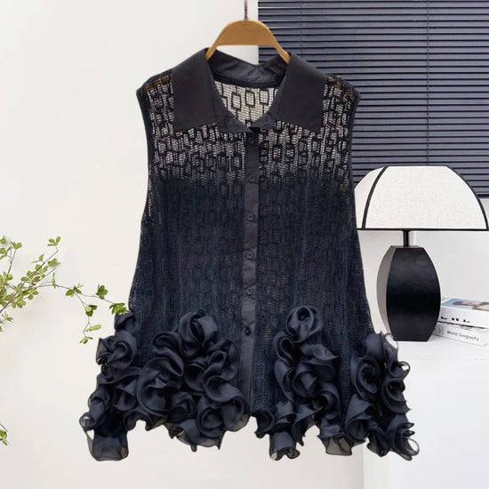 European,Clothes,Loose,Blouse,Chic,Sexy,Hollow Out,Patchwork,3D,Irregularity,Ruffles,Single-breasted,Women,Sleeveless,Tops,56051