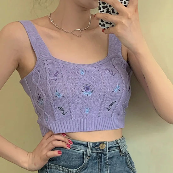 Women Knitted Flower Embroidery Sleeveless Crop Tops Women Tube Tops Casual Cute Tops Crop Tops Women Summer Ribbed Camisole