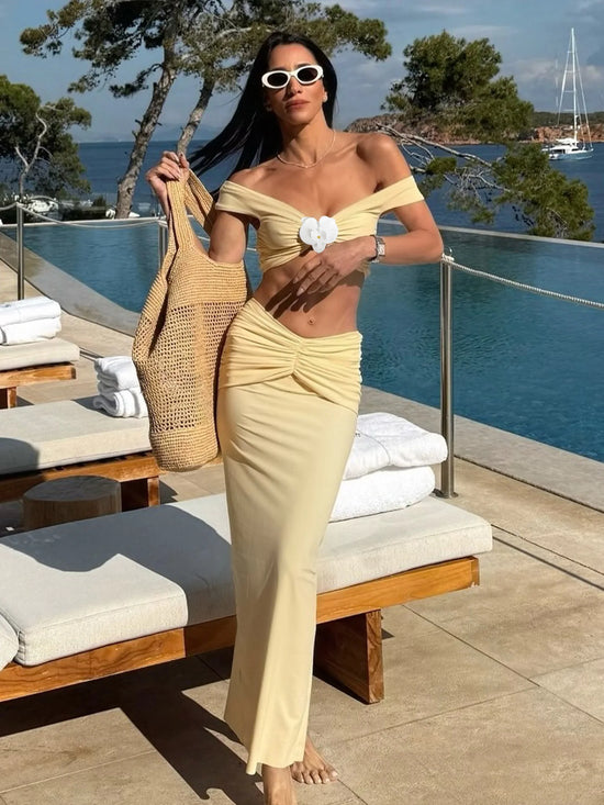 Butter Yellow Swimwear Off-Shoulder Crop Bikini Sets 3 Piece Beachwear High-Waisted Ruched Coverups Swimsuit Resort Outfits S384