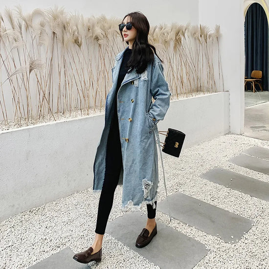Trench Denim Coat Women Mid Length Coats Y2k Hole Turn Down Collar Jackets Maxi Lace Up Tight Waist Elegant Long Autumn Winter
